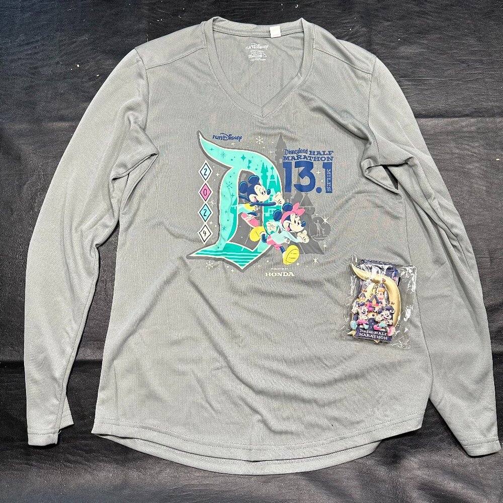 2024 Disneyland Half Marathon V-Neck Long-Sleeve T-Shirt and Medal